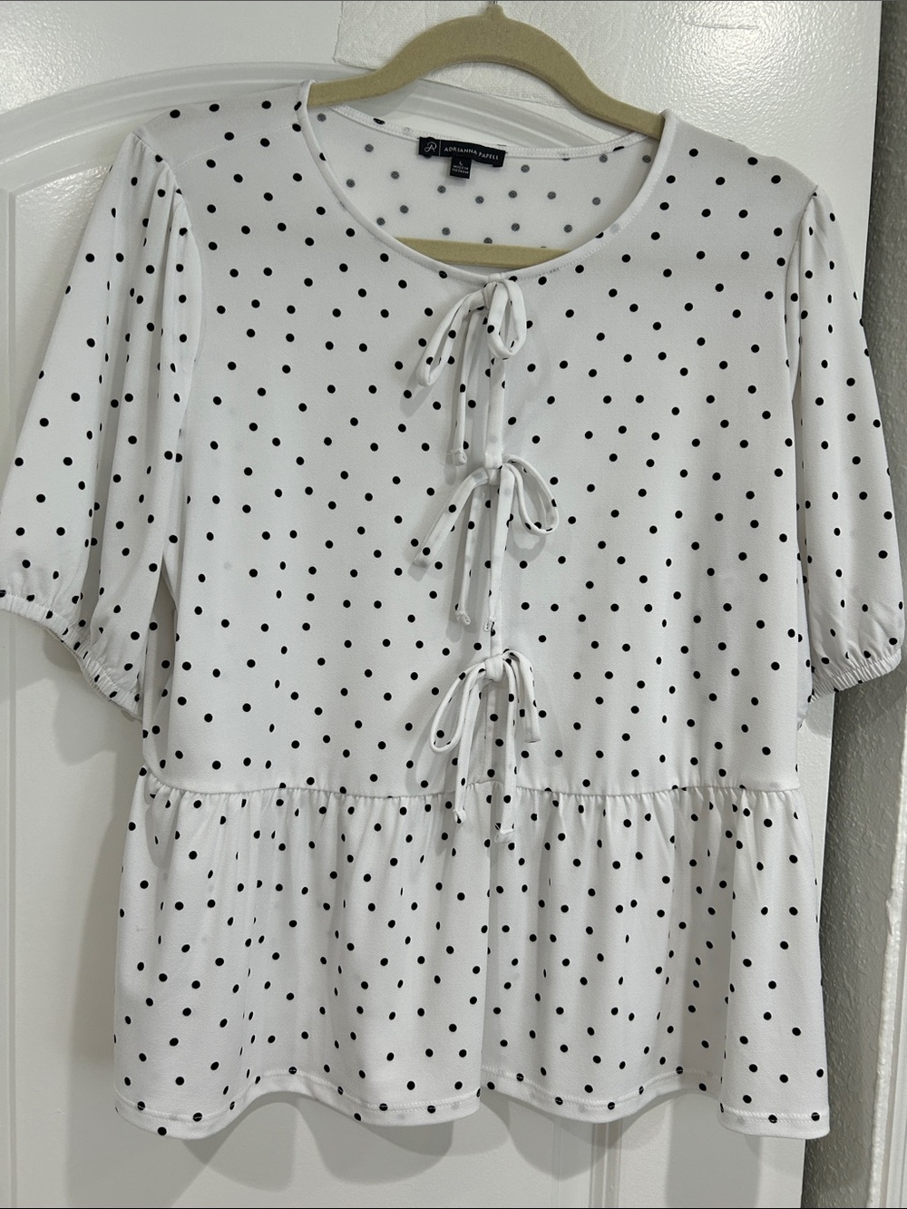 Adrianna Papell White Blouse with Black Polka Dots and Front Ties